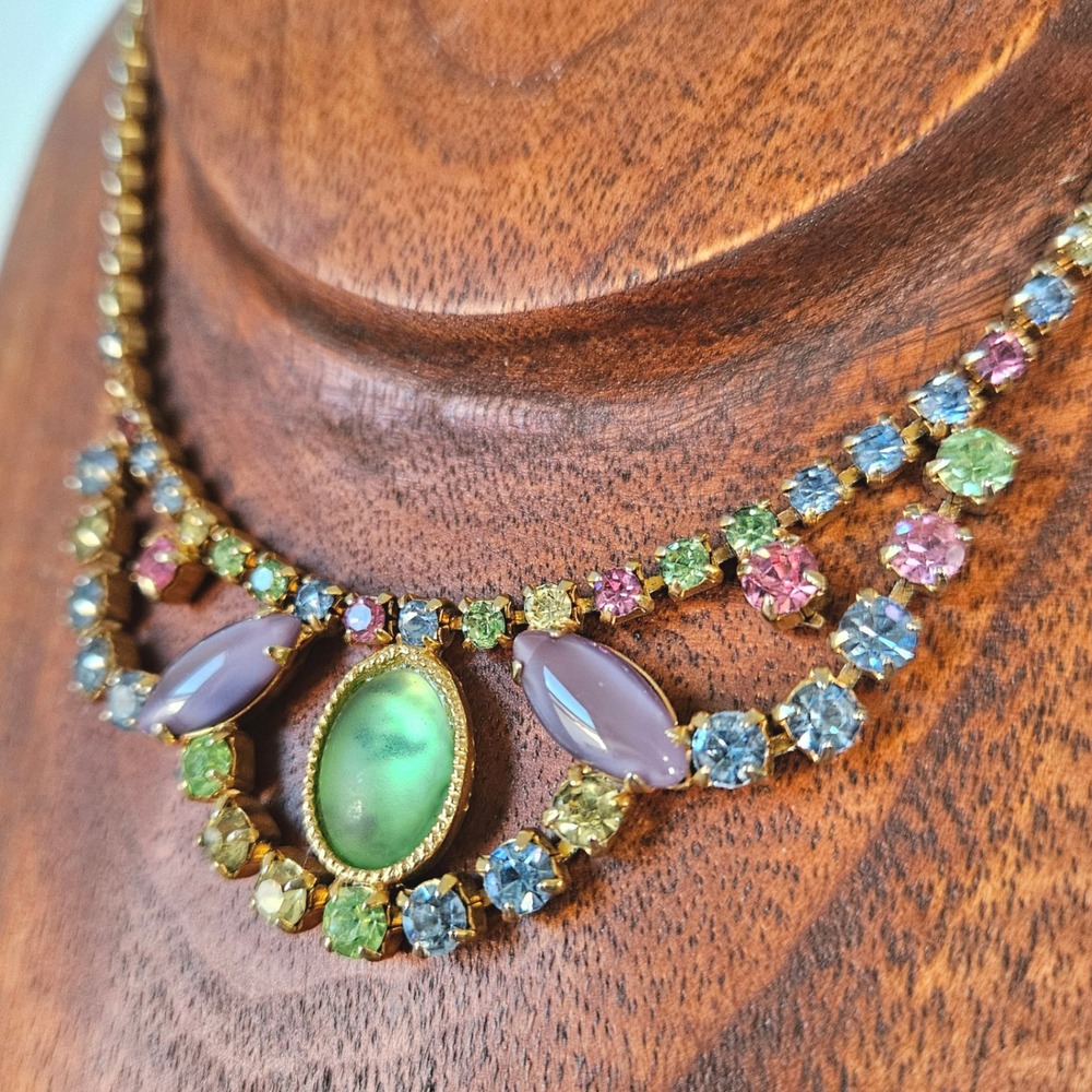 Vintage Multi-Color Pastel Rainbow Rhinestone Choker Necklace MCM Hook Juliana